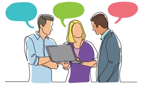 Continuous line drawing of team discussing work watching laptop computer Stock Illustration