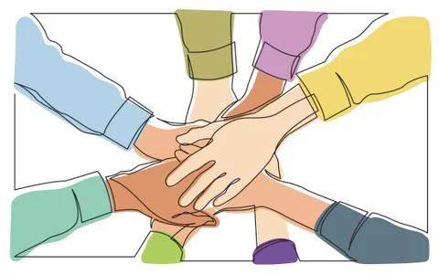 Continuous line drawing of team holding hands together Stock Illustration