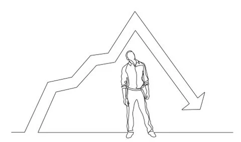 Continuous line drawing of thinking man looking above at decreasing graph 库存插图