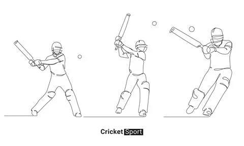 Continuous line drawing of three cricket players in different batting poses Stock Illustration