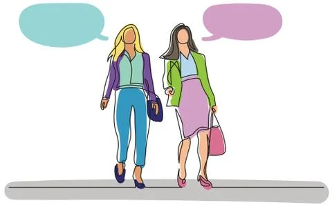Continuous line drawing of two business women walking together and talking wi Stock Illustration