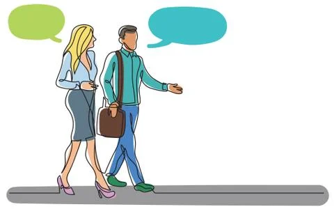 Continuous line drawing of two business persons walking together and talking  Stock Illustration