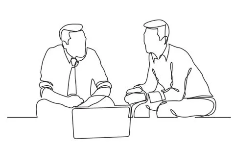 Continuous line drawing of two businessmen sitting and talking Stock Illustration
