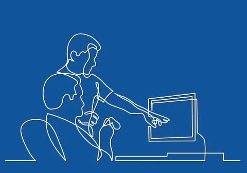 Continuous line drawing of two coworkers discussing work on screen Illustrazione stock