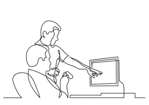 Continuous line drawing of two coworkers discussing work on screen Illustrazione stock