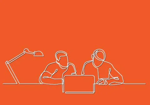 Continuous line drawing of two coworkers working together with laptop compute Stock Illustration