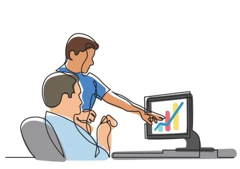 Continuous line drawing of two coworkers discussing work on screen Illustrazione stock