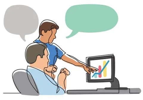Continuous line drawing of two coworkers discussing work on screen Stock Illustration