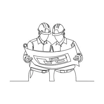 Continuous Line Drawing of Two Engineers Reviewing Blueprints Stock Illustration