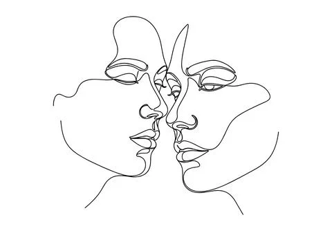 Continuous line drawing of two faces together representing love and intimacy. Stock Illustration
