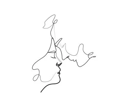 Continuous line drawing of two faces kissing Stock Illustration