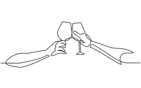 Continuous line drawing two glasses of wine in hands toasting creating splash on Illustrazione stock