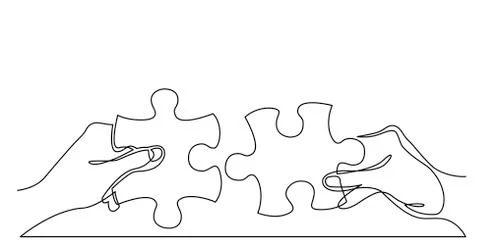 Continuous line drawing of two hands with puzzle pieces connecting together Stock Illustration