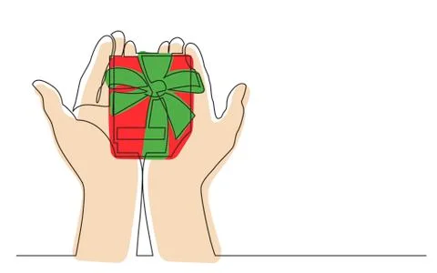 Continuous line drawing of two hands holding gift box with ribbon Stock Illustration