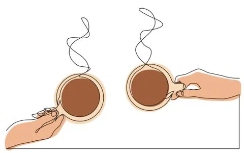Continuous line drawing of two hands holding coffee cups Stock Illustration