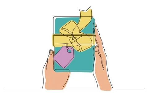 Continuous line drawing of two hands holding gift box with ribbon and label Stock Illustration