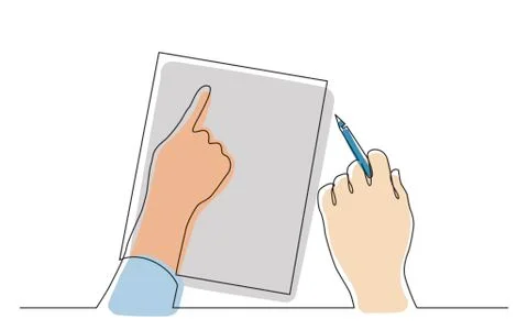 Continuous line drawing of two hands pointing at blank piece of paper Stock Illustration