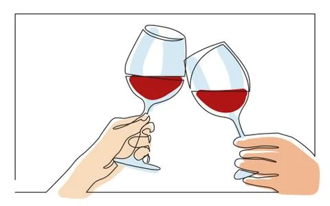 Continuous line drawing of two hands cheering with glasses of wine Stock Illustration