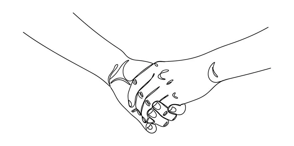 Continuous line drawing of two hands holding together gesture of love and f.. Stock Illustration
