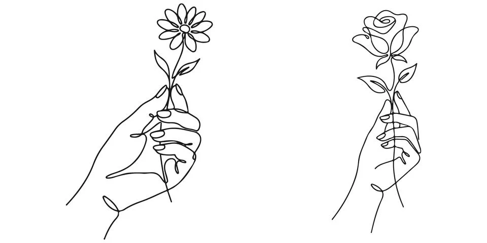 Continuous line drawing of two hands holding different flowers. Stock Illustration