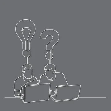 Continuous line drawing of two men sitting with laptop computers talking abou Stock Illustration