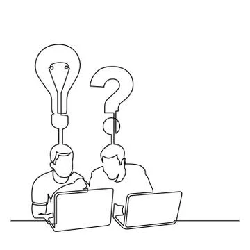 Continuous line drawing of two men sitting with laptop computers talking abou Illustrazione stock
