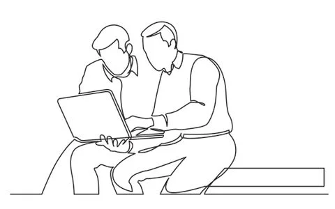 Continuous line drawing of two men discussing work task on laptop computer Stock Illustration