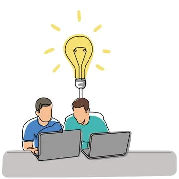 Continuous line drawing of two men sitting with laptop computers talking abou Stock Illustration
