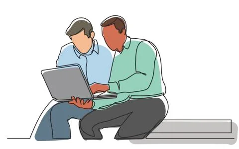 Continuous line drawing of two men discussing work task on laptop computer Stock Illustration