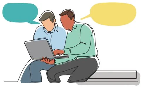 Continuous line drawing of two men discussing work task on laptop computer Stock Illustration