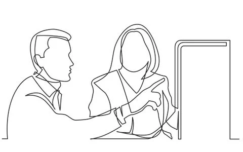Continuous line drawing of two office workers discussing showing on display Stock Illustration