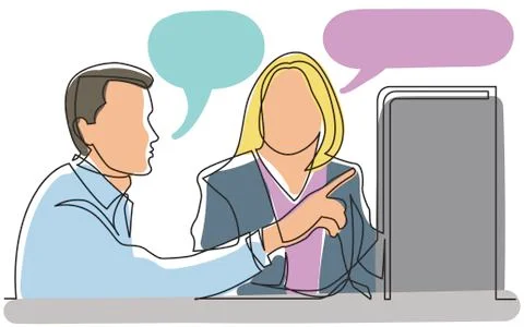 Continuous line drawing of two office workers discussing showing on display Stock Illustration