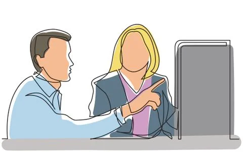 Continuous line drawing of two office workers discussing showing on display Stock Illustration
