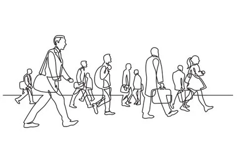Continuous line drawing of urban commuters walking on city street Illustrazione stock