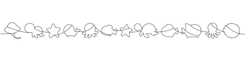 Continuous line drawing of various cute sea animals. Minimalist black contour Stock Illustration