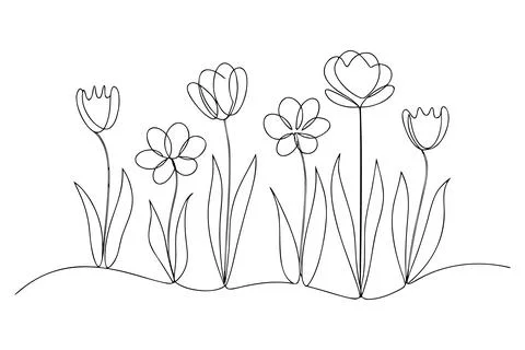 Continuous line drawing of various flowers and leaves Stock Illustration
