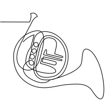 Continuous Line Drawing of Vector Brass wind musical instrument. French horn Illustrazione stock