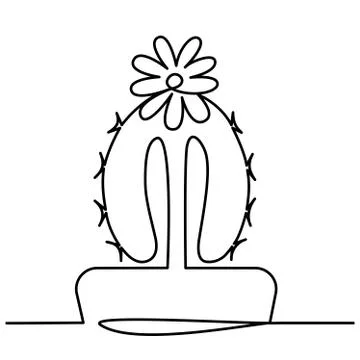 Continuous Line Drawing of Vector Cute Cactus Black and White Sketch House Illustrazione stock