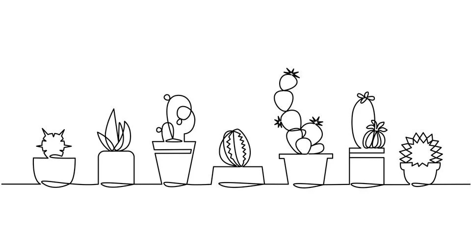 Continuous Line Drawing of Vector Set of Cute Cactus Black and White Sketch Illustrazione stock