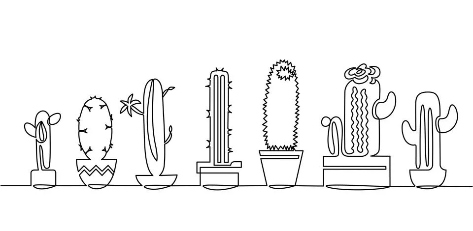 Continuous Line Drawing of Vector Set of Cute Cactus Black and White Sketch Illustrazione stock