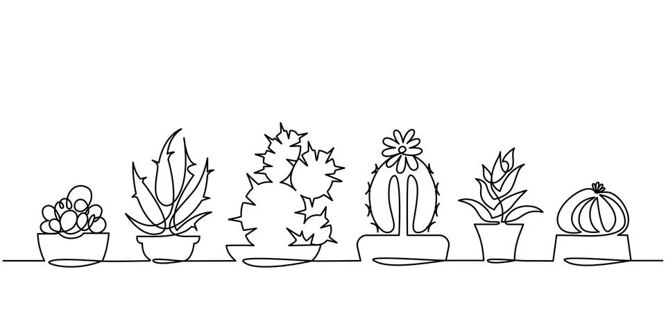 Continuous Line Drawing of Vector Set of Cute Cactus Black and White Sketch Illustrazione stock