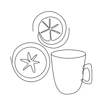Continuous Line Drawing  warm drinks, lemon tea. Trendy one line draw design  Stock Illustration
