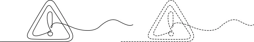 Continuous line drawing of a warning exclamation mark icon in solid and das.. Stock Illustration