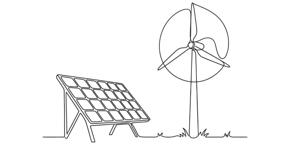 Continuous line drawing of wind turbine and solar panel set. Stock Illustration