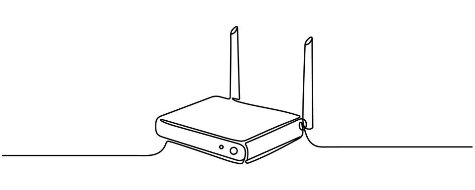 Continuous line drawing of a wireless router with antennas and cables in mi.. Stock Illustration