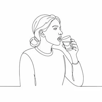 Continuous line drawing woman drinking coffee Silhouette Stock Illustration