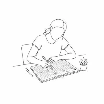 Continuous line drawing woman studying with book and pen Silhouette Stock Illustration