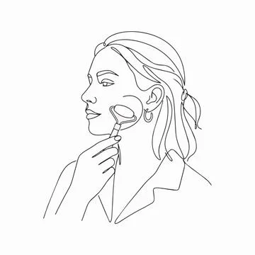 Continuous line drawing woman using jade roller on face for skincare routin.. Stock Illustration