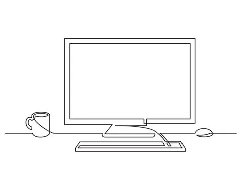 Continuous line drawing of work desk computer and coffee Stock Illustration