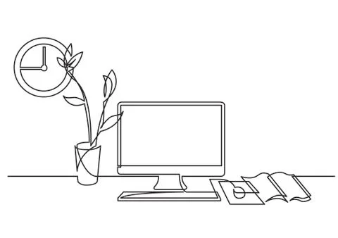 Continuous line drawing of work desk with computer and flower Stock Illustration